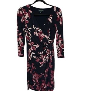 Lauren Ralph Lauren Jersey Dress Surplice Neckline Black with Flowers Size 4